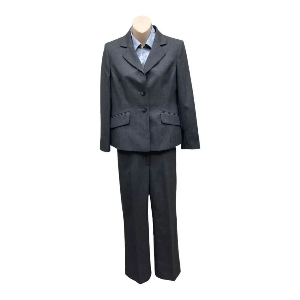 Kasper Charcoal Blazer Trousers Silver Satin Blouse Pantsuit Size 4P Office EUC